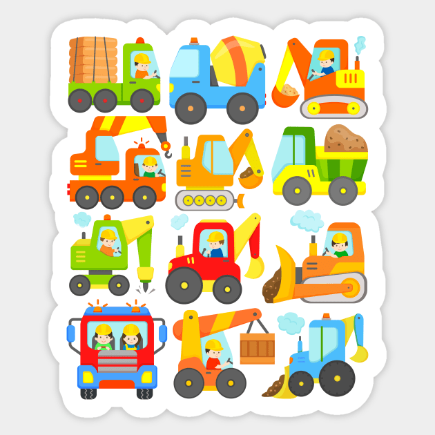 Kids Construction Design with Many Cars, Vehicles and Machines Sticker by samshirts